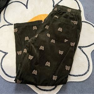 Olive Green Corduroy butterfly embroidered pants